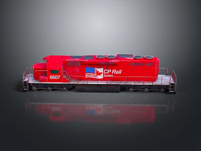 Red CP Rail Train Locomotive With American Flag And Number 8807 On Reflective Gray Background 3d model