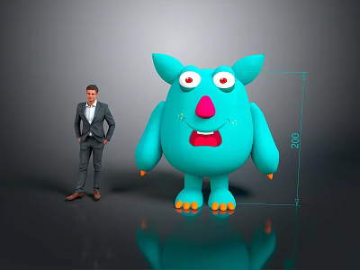 Man In Suit And Blue Cartoon Monster Standing With Big Eyes Red Nose Orange Paws 3d model
