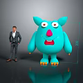 Man In Suit And Blue Cartoon Monster Standing With Big Eyes Red Nose Orange Paws