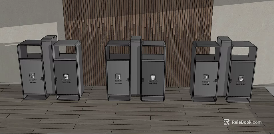 Public Facilities Gray Trash Cans With Lids Arranged On Wooden Floor And Wall Background 3d model 