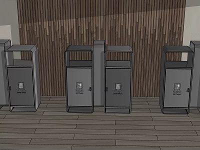 Public Facilities Gray Trash Cans With Lids Arranged On Wooden Floor And Wall Background 3d model