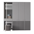 Modern Gray Wardrobe With Slatted Panel Design And Side Stool Accent 3d model
