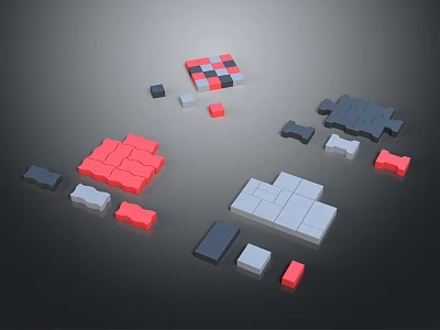 Colorful Puzzle Pieces In Red Gray Black Scattered On Gray Background With Various Shapes 3d model