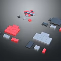 Colorful Puzzle Pieces In Red Gray Black Scattered On Gray Background With Various Shapes