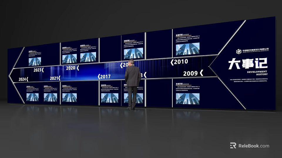 Event Display Wall Featuring Years and Company Milestones with Person Viewing Blue Panels 3d model 