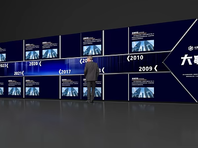 Event Display Wall Featuring Years and Company Milestones with Person Viewing Blue Panels 3d model