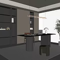 Modern Study Room Interior With Dark Shelves Laptop Pendant Light And Rug