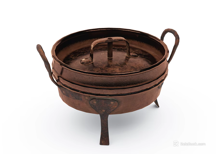 Vintage Cast Iron Cookware with Lid Two Handles and Three Legs Rustic Brown Design 3d model 