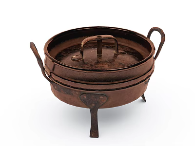 Vintage Cast Iron Cookware with Lid Two Handles and Three Legs Rustic Brown Design 3d model