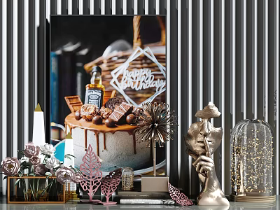 Decorative Ornament Set With Happy Birthday Cake Candle Flowers Metallic Figurines And Glass Cloche 3d model