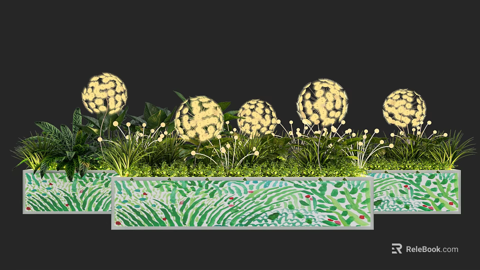 Elegant Spherical Plant Combination with Green Leaves and Patterned Decorative Planters 3d model 