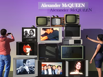 Alexander McQueen Exhibition With Stacked TVs Showing People Images And Visitors Taking 3d model