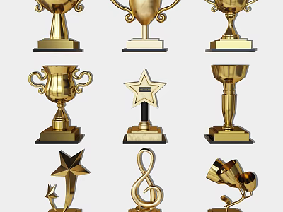 Golden Trophies and Medals with Various Ornate Designs for Awards 3d model