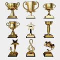 Golden Trophies and Medals with Various Ornate Designs for Awards
