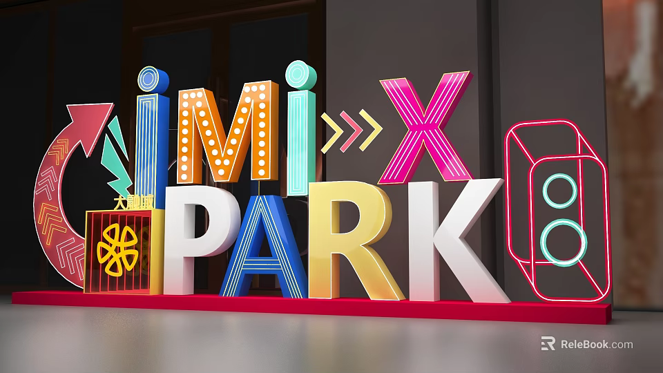 Colorful 3D Letters Design With Neon Lights Bulbs And Geometric Shapes For MIX PARK 3d model 
