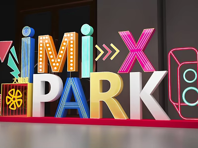 Colorful 3D Letters Design With Neon Lights Bulbs And Geometric Shapes For MIX PARK 3d model
