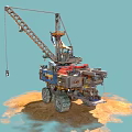 Heavy Duty Construction Vehicle With Crane And Red Blue Body On Sand Surface