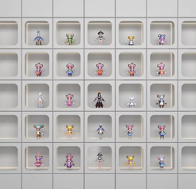 Colorful Stuffed Dolls Arranged in Grid Shelves with Diverse Styles and Designs 3d model