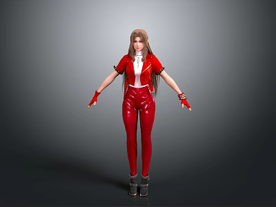 Woman Wearing Red Top Red Leather Pants Red Gloves With Long Hair Against Gray Background 3d model