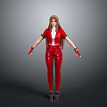 Woman Wearing Red Top Red Leather Pants Red Gloves With Long Hair Against Gray Background