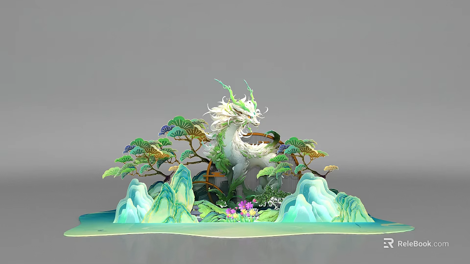 Exquisite White Dragon Decorative Sculpture With Pine Trees Mountain Peaks And Colorful Flowers 3d model 