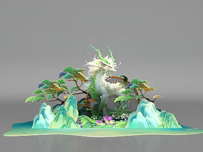 Exquisite White Dragon Decorative Sculpture With Pine Trees Mountain Peaks And Colorful Flowers 3d model