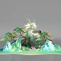Exquisite White Dragon Decorative Sculpture With Pine Trees Mountain Peaks And Colorful Flowers