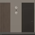 Modern Wooden Hinged Doors In Light And Dark Brown With Wall Lamps And Plant