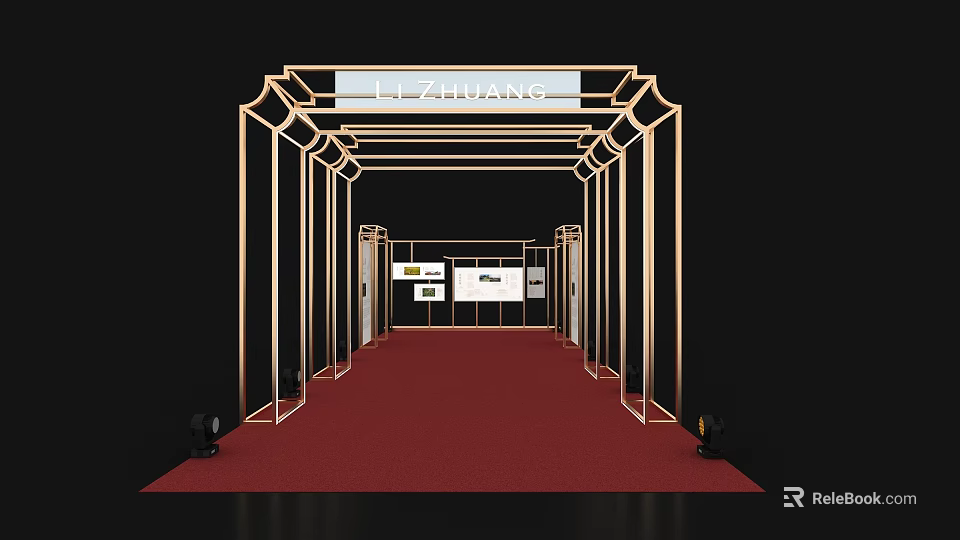 Golden Archway Structure Featuring Red Carpet Passageway And Display Boards With Branded Sign 3d model 