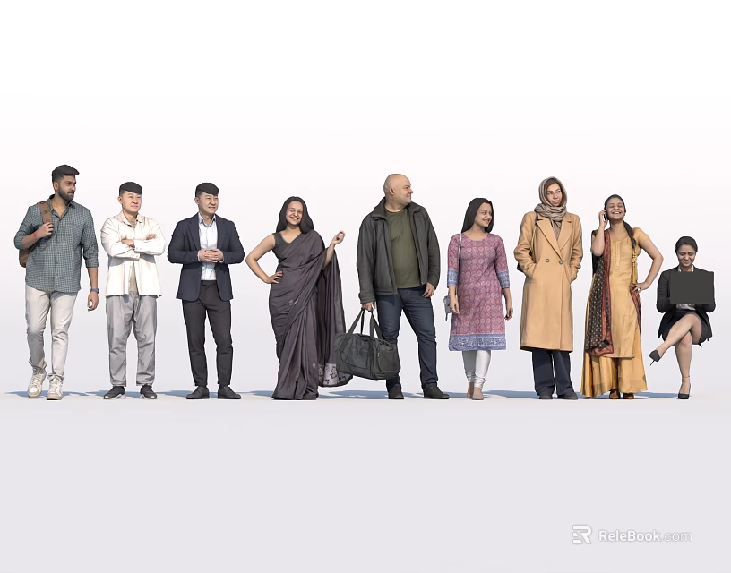 Multicultural Group of People in Diverse Clothing Standing with Various Postures 3d model 