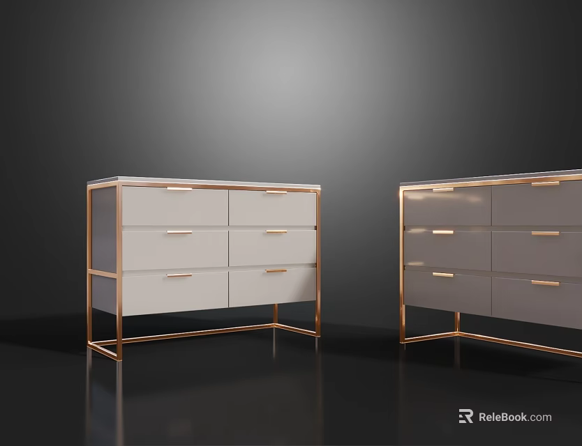 Modern Console Cabinet And Side Cabinet With Golden Metal Frame And White Storage Drawers 3d model 