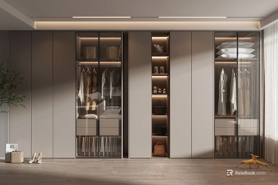 Modern Wardrobe Interior Design With Glass Doors Hanging Clothes And Storage Shelves 3d model 