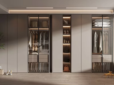 Modern Wardrobe Interior Design With Glass Doors Hanging Clothes And Storage Shelves 3d model