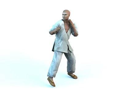 Bald Male Martial Arts Practitioner In White Karate Uniform Showing Fighting Stance 3d model