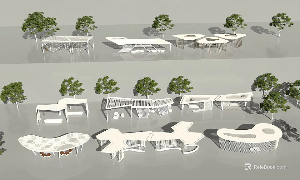 Modern Garden Ornaments With White Structures Trees And Various Designs 3d model