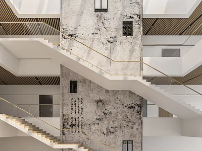 Modern Architectural Interior Design With Wooden Grilles Staircase Textured Wall And Windows 3d model