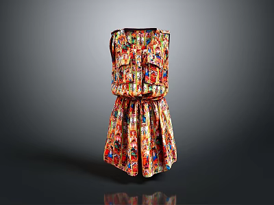 Vibrant Patterned Sleeveless Dress With Ruffled Layered Skirt And Pockets 3d model