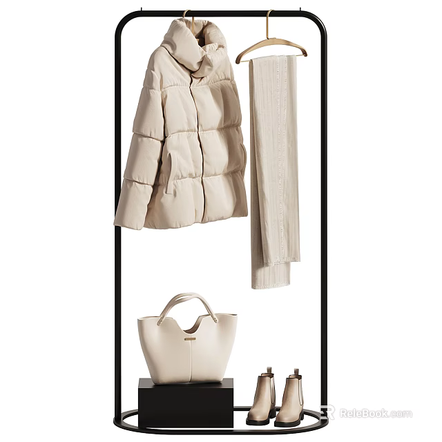 Stylish Clothes Hanger With Beige Padded Coat Scarf Handbag And Shoes 3d model