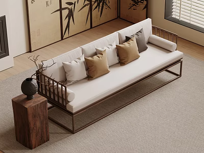 Traditional Daybed With White Cushion Brown Gray Pillows Metal Frame And Wooden Stool 3d model