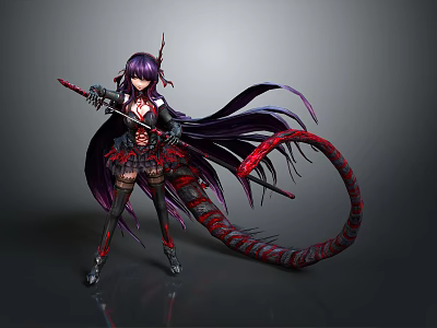 Woman With Purple Long Hair Holding Weapon And Red Black Tail In Black Red Outfit 3d model