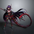Woman With Purple Long Hair Holding Weapon And Red Black Tail In Black Red Outfit