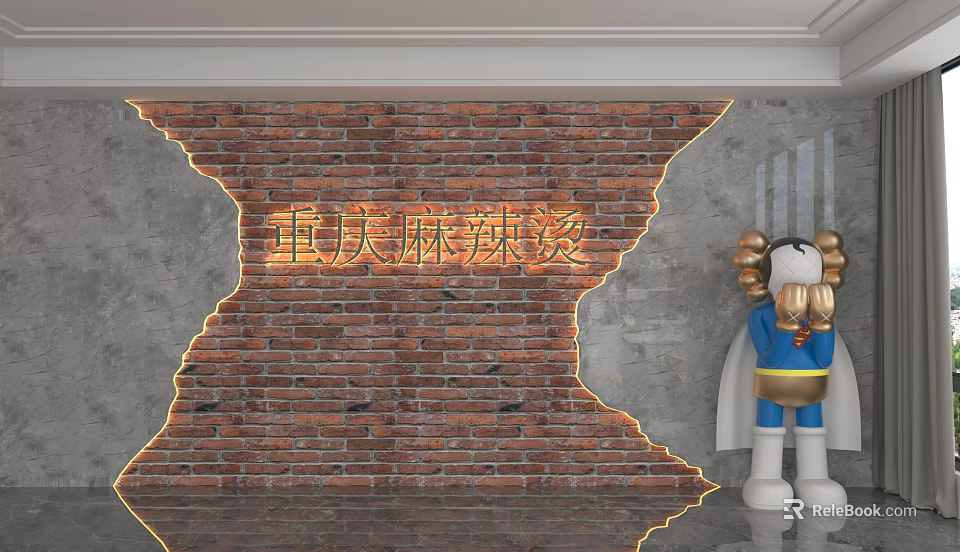 Rustic Brick Background Wall Design with Decorative Illuminated Sign for Chongqing Malatang Restaurant 3d model 