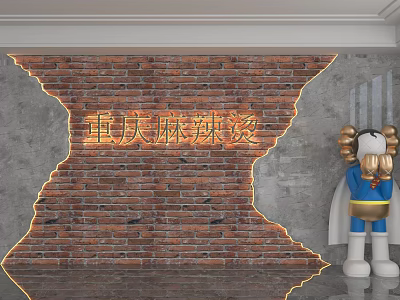 Rustic Brick Background Wall Design with Decorative Illuminated Sign for Chongqing Malatang Restaurant 3d model