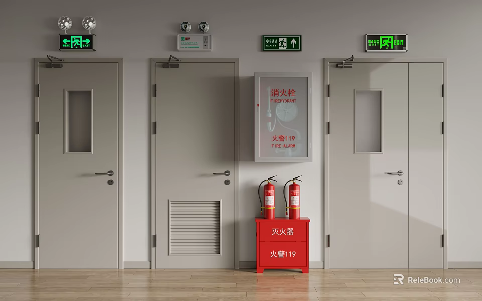 Fire Safety Setup With Exit Doors Exit Signs Fire Extinguishers And Hydrant 3d model 