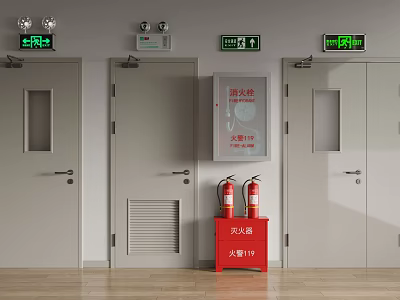 Fire Safety Setup With Exit Doors Exit Signs Fire Extinguishers And Hydrant 3d model