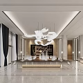 Modern Luxury Sales Office Interior With Ceiling Lights Landscape Painting And Reception Desk