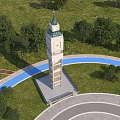 Modern Clock Tower With Glass Facade Among Trees And Lawns 3d model