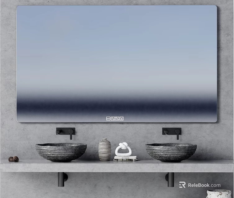 Modern Bathroom Vanity With Double Stone Basins Large Mirror Gray Countertop And Decorative Items 3d model 