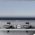 Modern Bathroom Vanity With Double Stone Basins Large Mirror Gray Countertop And Decorative Items