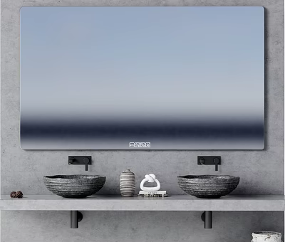 Modern Bathroom Vanity With Double Stone Basins Large Mirror Gray Countertop And Decorative Items 3d model